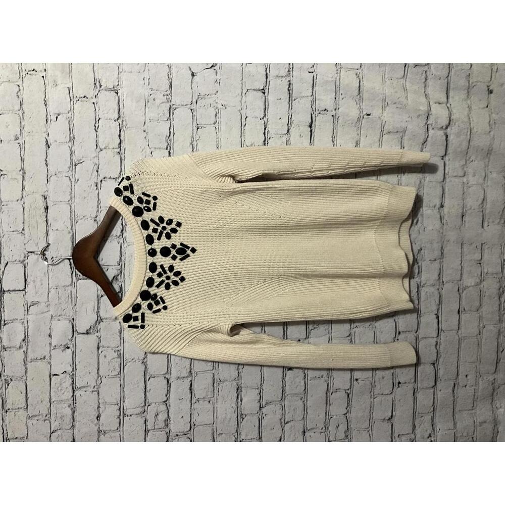 Ann Taylor‎ Petite Cream Knit Sweater with Black Beaded Neckline L